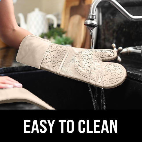 HOMWE Extra Long Professional Silicone Oven Mitt, Heat Resistant Pot Holders, 1 Pair Beige