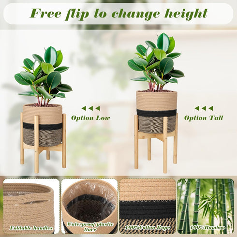 Sunnychicc Stand(10 Inch,Black Plant Basket with Stand Indoor Planter Pot Holder Sturdy Jute Rope Modern Woven Basket