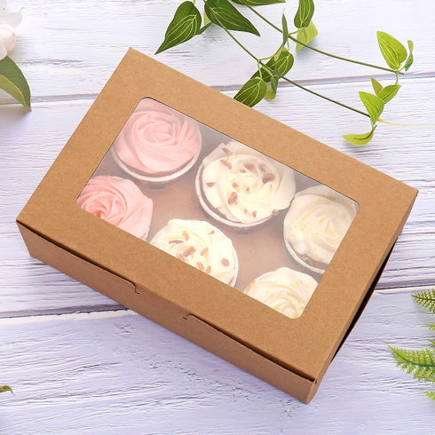 30-Set Cupcake Boxes with Inserts and Window, Brown Food Grade Kraft Holder for 6 Cupcakes, 9.4'' x 6.3'' x 3'', for