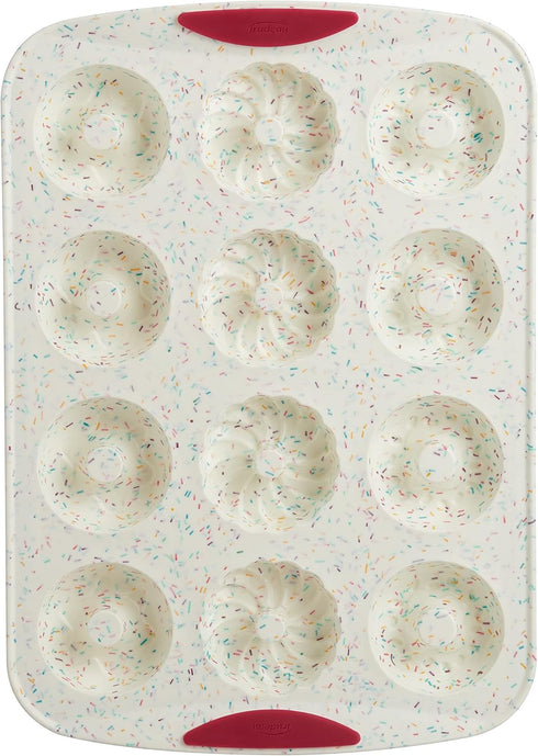 Trudeau Decorated Donut Pan, White Confetti/Fuchsia, 12 Cavity