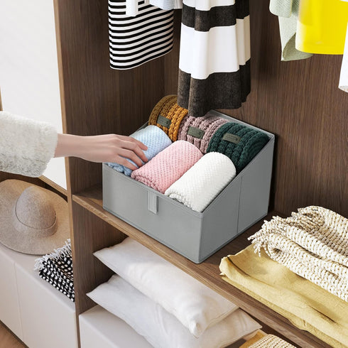 DIMJ Storage Bins for Closet, 6 Packs Trapezoid Fabric Baskets with Front Handle for Toys, Books, Clothes, Grey