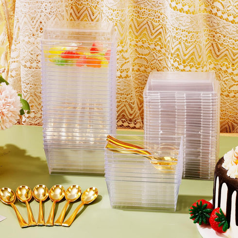 150 Pack 5oz 50, DI QIU REN Plastic Dessert Cups with Mini Gold Spoons and Lids, Clear Yogurt Parfait Cups Serves