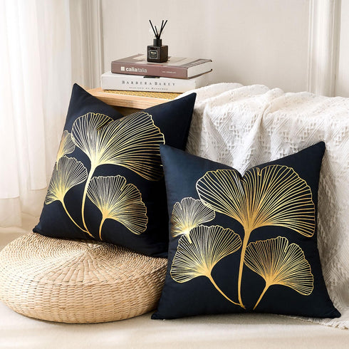 BONSTRAP 20x20 Set 2 Black Decorative Throw Pillow Covers Gold Line Ginkgo Cushion Covers Plant Leaf Velvet Modern