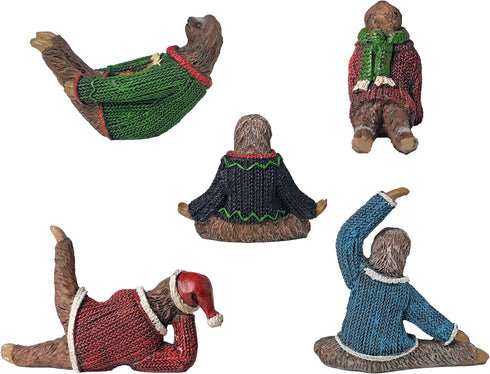 Yoga Sloth Figurines in Ugly Christmas Sweaters, 3" Polyresin Mini Statue for Home Decoration