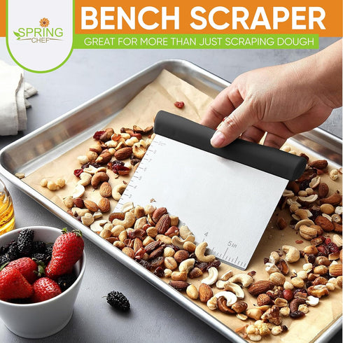 Spring Chef Dough Bench Scraper for Baking, Stainless Steel Kitchen Dough Cutter Tool, Dishwasher Safe, Black