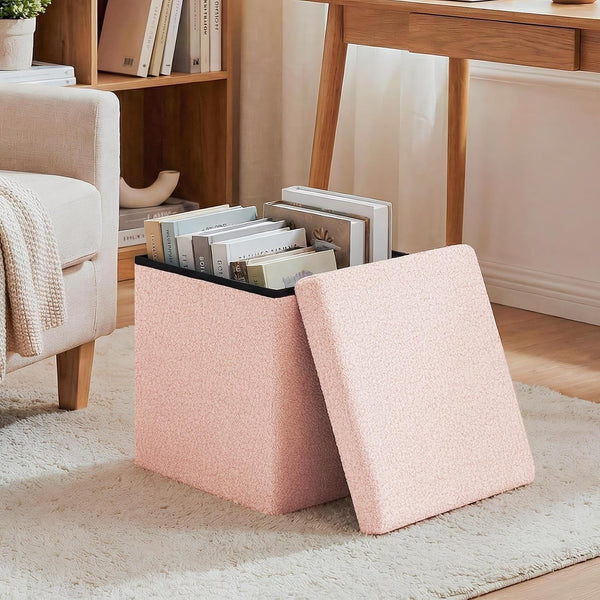 15in Small Storage Ottoman Foldable Sherpa Top Storage Bench,Foot Rest/Step Stool for