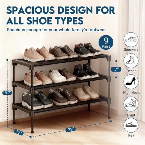 3 Closet, 28" LOFTEY Shoe Rack, Tier Non-Woven Shoe Shelf, Stackable Shoe Rack Organier for Front Door and Entryway