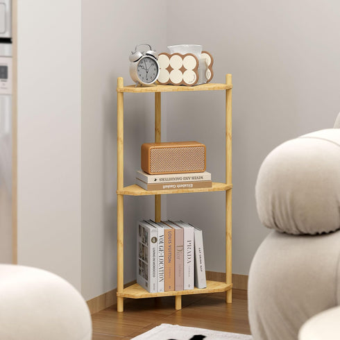 Wisuce Essentials Corner Shelf Stand - 3 Tier Bamboo Small Corner Bookshelf for Office