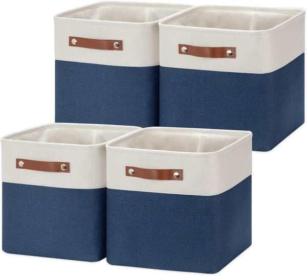 HNZIGE Fabric Cube Storage Bins, Set of 4, Closet Storage Bins for Organizing Home Office (White Blue)