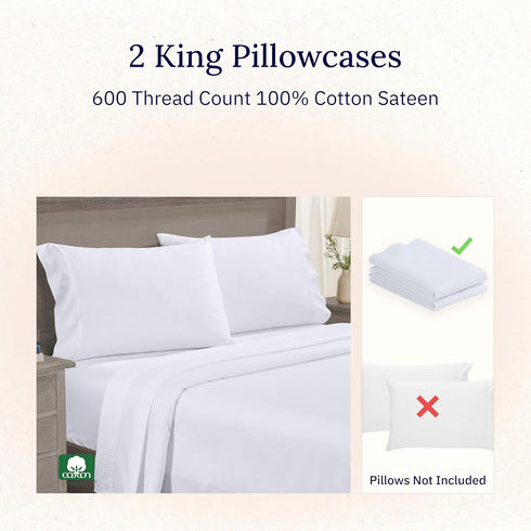 California Design Den Luxuriously Soft 600 Thread Count 100% Cotton King Size Pillowcase Set of 2