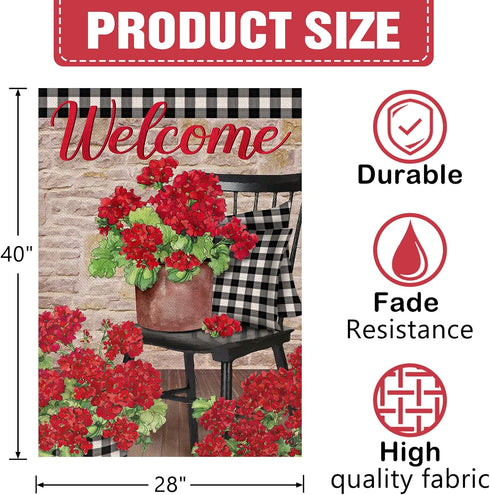 Welcome Spring Geranium Red Flower Decorative House Flag, Black White Buffalo Plaid Floral Pot Chair Garden Yard Outside Decorations, Summer Farmhouse Vintage Rustic Outdoor Large Decor 28x40