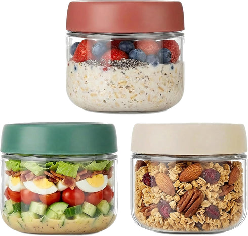 Povinmos 3Pack Overnight Oats Containers with Lids,10oz Glass Jar with Scew Lid,Salad Dressing
