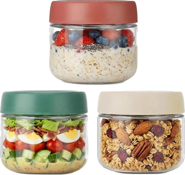 Povinmos 3Pack Overnight Oats Containers with Lids,10oz Glass Jar with Scew Lid,Salad Dressing