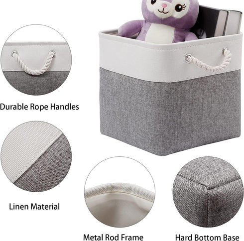 Cube Storage Bins, 11 Inch Collapsible Fabric Storage Bin with Handles, Foldable Storage Cubes (White/Gray, 6 Pack)