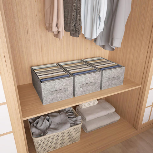 Large 5-Grid Wardrobe Clothes Organizer for Jeans, Pants, Sweaters, Stackable Drawer Organizer with Handles, Gray Linen