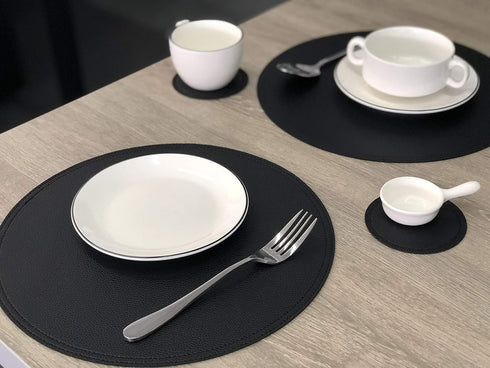 Faux Leather Round Placemats and Coasters, Disko Table Mats and Drink Spills Coasters, Diameter 13'' and 3.9''