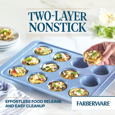 Farberware Nonstick Bakeware Muffin/Cupcake Pan, 12-Cup with Fill Lines, Blue