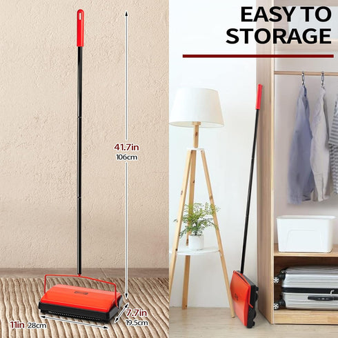 JEHONN Carpet Floor Sweeper Manual with Horsehair, Non Electric Rug Roller Brush for Cleaning Pet Hair, Loose Debris,