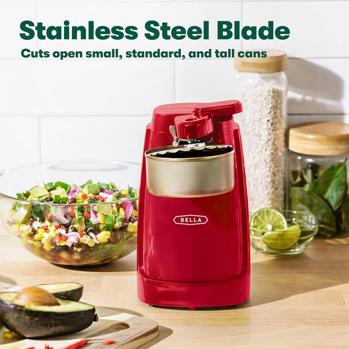 BELLA Multifunctional Electric Can Opener and Knife Sharpener, Red, Stainless Steel Blade, Removable Cutting Lever,