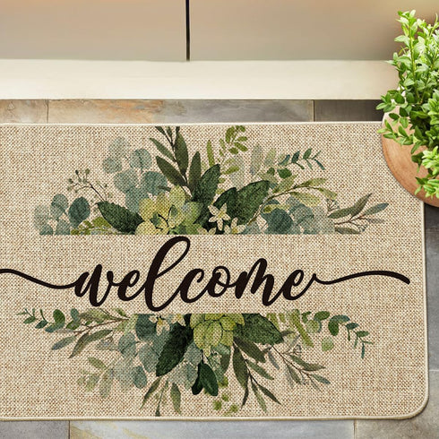 Summer 24x35 Inch Artoid Mode Eucalyptus Floral Leaves Welcome Spring Doormat, Decor Low-Profile Switch Rug Door Mat