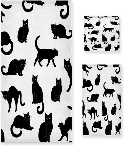 Black Cats 3 Piece Towel Bathroom Sets, 1 Bath Towel, 1 Washcloth,
