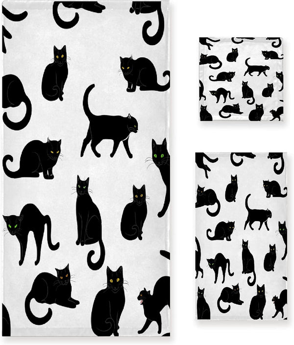 Black Cats 3 Piece Towel Bathroom Sets, 1 Bath Towel, 1 Washcloth,