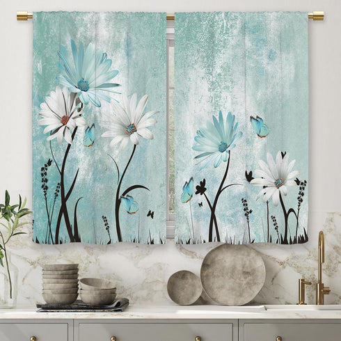 Farmhouse Flower Kitchen Curtains, Teal Rustic Daisy Floral Short Cafe Window Drapes, Vintage Turquoise Rod Pocket