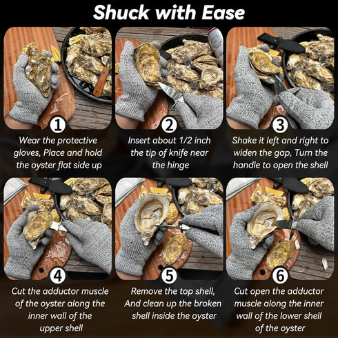 Oyster Shucking Knife Set, 2 Sturdy Sharp Oyster Knives with Comfort Wood Handle and Cut-Resistant Gloves (L)