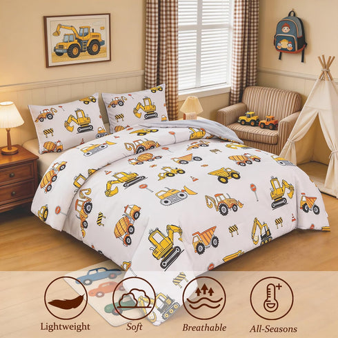 Sets Sets 3 Set ZRNBAST Construction Queen Bedding for Boys Kids Beige Cartoon Cars Excavator Tractor Comforter Pcs