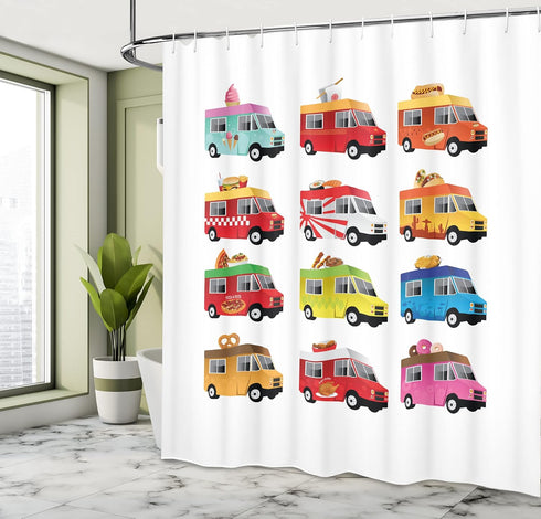 Ambesonne Truck Shower Curtain, Colorful Food Truck Illustration, Cloth Fabric Bathroom Decor Set with Hooks, 69" W x