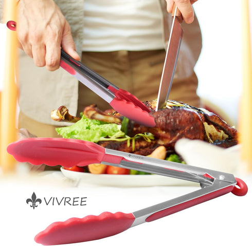 MEKBOK Kitchen Tongs Set - Stainless Steel Salad & Grill Tongs with Silicone Tips, 9" & 12" (Red)