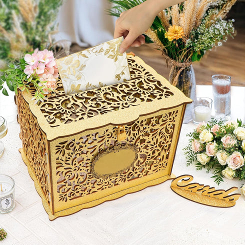 OurWarm Glittery Gold Wedding Card Box with Lock, Wood Gift Box for Reception, Party Decorations