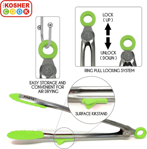 Parve Green Locking Kitchen Tongs, 12” Heavy Duty Multipurpose Tool, Stainless Steel with Non-Stick Tips