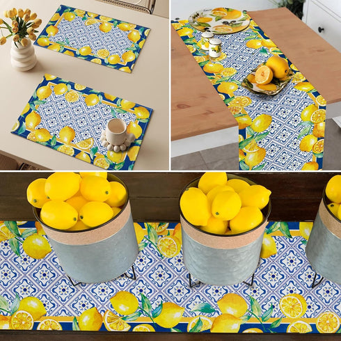13x72 Inch Capri Blue Lemon Table Runner Italy Tile Burlap Artificial Yellow Lemon Fruit Table Runners Farmhouse Coffee