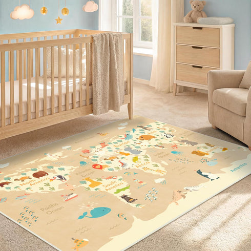 Hazo Haus 3x5 Animal World Map Bedroom Rug for Kids Soft Educational