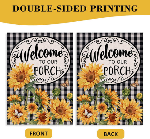 Welcome to Our Porch Spring Summer Sunflower House Flag, Black White Buffalo Plaid Check Yard Decoration, 28 x 40
