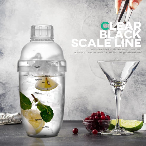 Homestia Plastic Cocktail Shaker with Scale and Jigger Set - 18 oz - Clear Plastic Drink Mixer Bartender Kit
