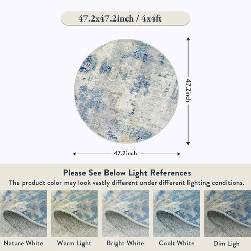 4Ft, 4x4 Lahome Modern Abstract Round Rug Blue Washable Front Door Mat Soft Circle Rug for Entryway Bedroom Non Slip