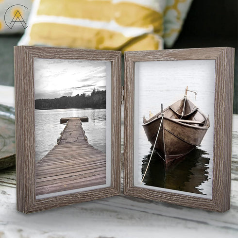 AEVETE 5x7 Double Picture Frames Hinged Wood Folding Frames for Vertically Display, Gray