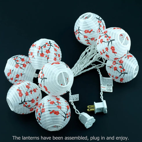 YULETIME Plum Blossom Lantern String Lights, 10 Count Nylon Lantern on 7.6' White Wire, UL Listed