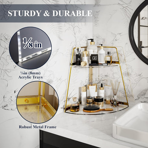 NiHome 2-Tier Acrylic Corner Organizer for Bathroom, Kitchen, Bedroom - Sturdy Makeup Organizer for Vanity Storage