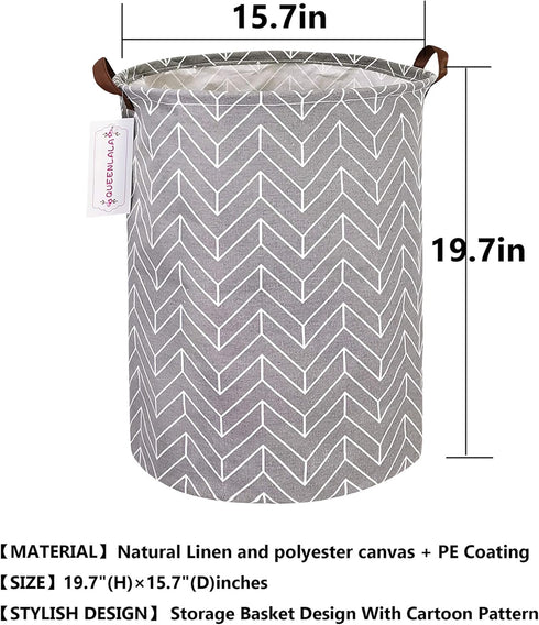 QUEENLALA Large Storage Basket, Collapsible Round Laundry Hamper for Bathroom/Home Decor, Boys and Girls Clothing (Grey