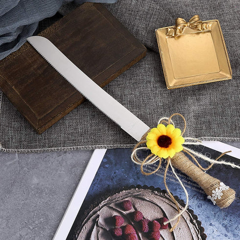 TANG SONG Rustic Wedding Cake Knife and Serving Set, Sunflower Burlap Lace, Set of 2