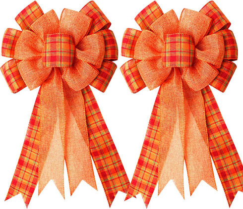 Iceyyyy Extra Large Fall Wreath Gift Bow - 18.8x10.6inch Orange Buffalo Plaid Check Wreath Bow for Fall, Thanksgiving,