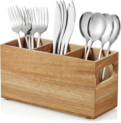 Acacia Wooden Utensil Caddy, Silverware Holder, Cutlery Organizer for Countertop, Fork Spoon Knife Holder for Party