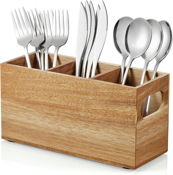 Acacia Wooden Utensil Caddy, Silverware Holder, Cutlery Organizer for Countertop, Fork Spoon Knife Holder for Party