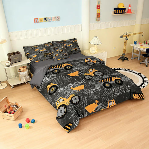 6 Set Set, Bag(1 1 1 2 1 Piece Construction Comforter Full, Truck Cars Excavator Tractor Dark Grey Bedding Soft