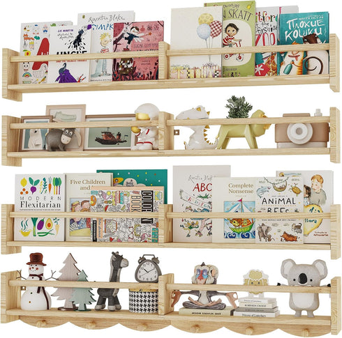 ECOOCE 34Inch Nursery Bookshelves,Set of 4,Wall Floating Shelf Kids Coat Rack with 6Hooks,Hanging