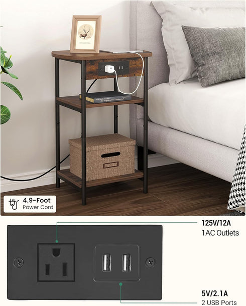 3 ET05201B Hzuaneri End Table with Charging Station, Tier Storage Bed Side Table with USB Port & Outlet, Nightstand