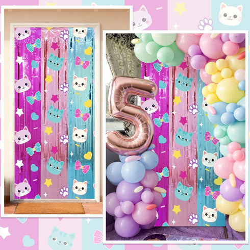 2 Pack 3.3 6.6 Tiamon Cat Dollhouse Party Decorations x Ft Foil Fringe Curtains Cute Cat Birthday Backdrop Tinsel
